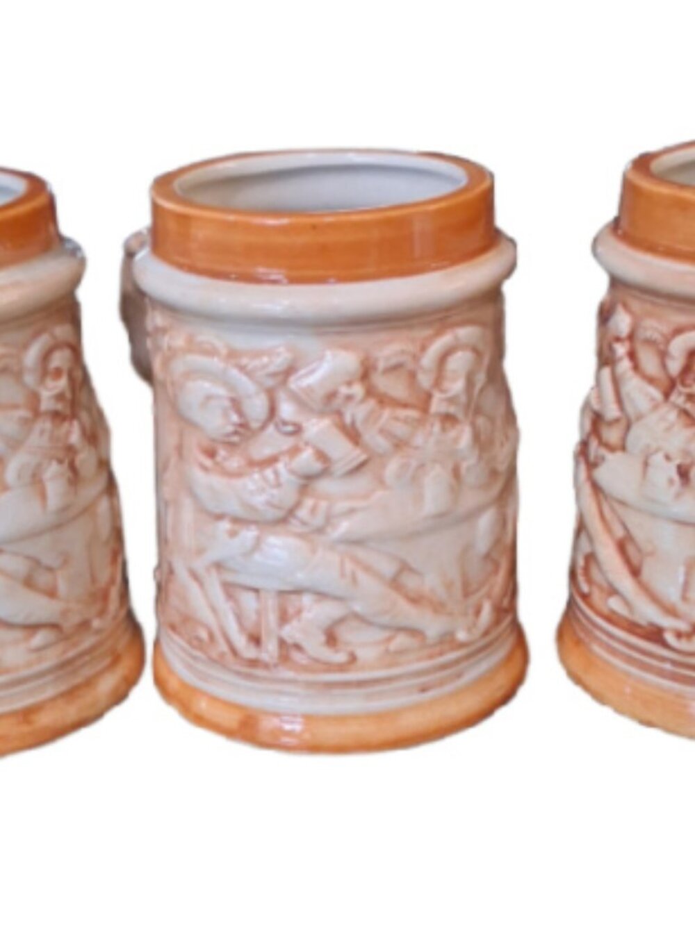 Set of 3 German Style Beer Mugs or Steins Earth Tones Tavern Scene